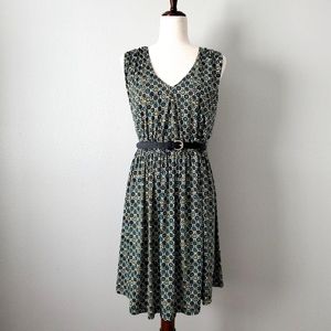 Sunset Rd. Stretchy Sleeveless Patterned V-Neck Dress & Leather Belt Size Medium